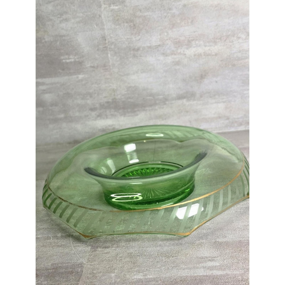 Vintage Octagonal Green Depression Glass Console Bowl Floral Etched Gold Trim